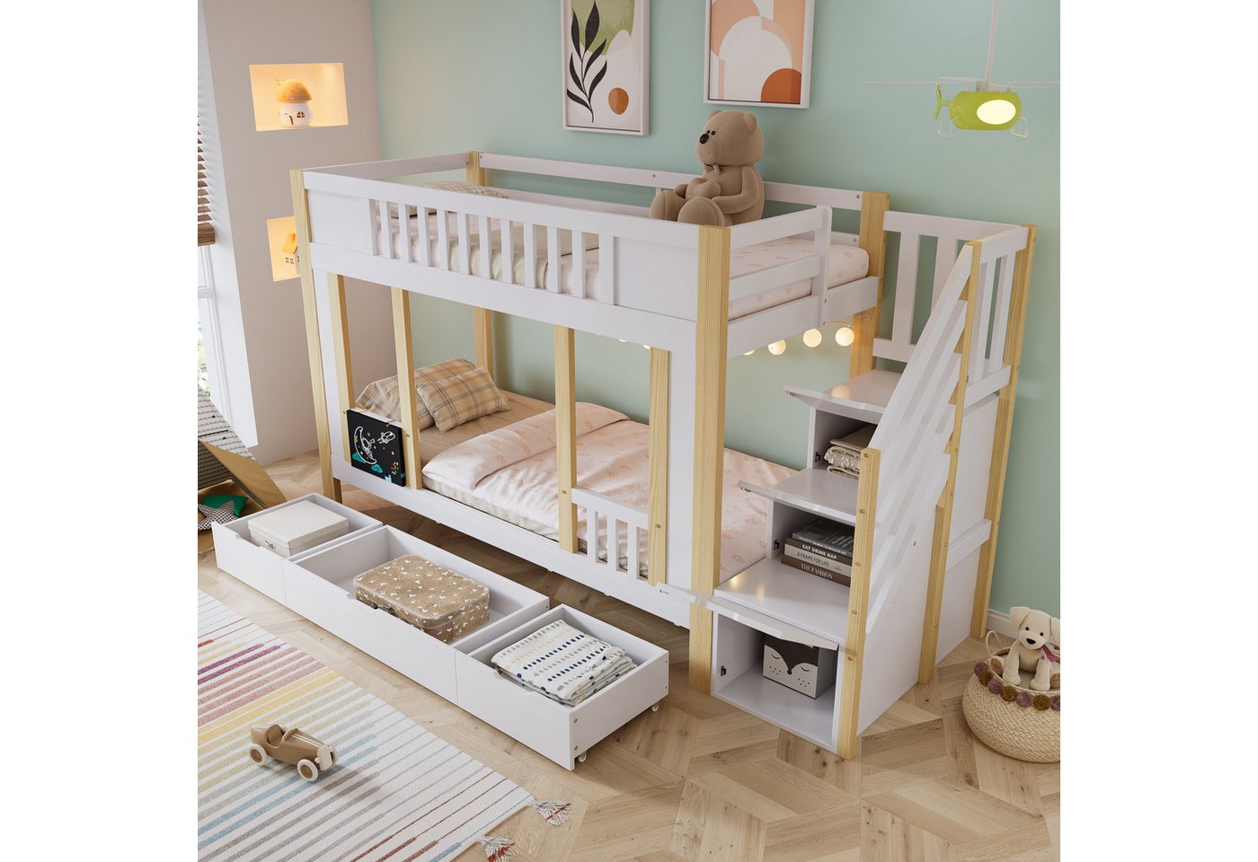 BlingBin Etagenbett Kinderbett Stauraumbett Jugendbett Hochbett Massivholzbett (Treppenschrank mit Stauraumfunktion, Drei Schubladen auf Rollen, Kleine Tafel zum Kritzeln, 1-St., 90x200cm, Ohne Matratze, Gewichtskapazität: 120kg), Holzbett aus Kiefer, MDF, PB & Sperrholz für Kinderzimmer, Weiß+Natur von BlingBin