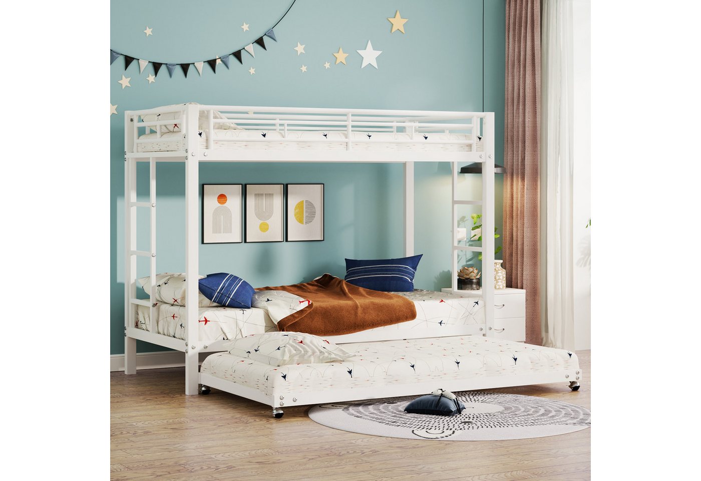 BlingBin Etagenbett Metallbett Kinderbett Jugendbett (1-St., ausgestattet mit Ausziehbett,hohe Geländer), 90×200cm,EN747 zertifiziert,robuste Konstruktion von BlingBin