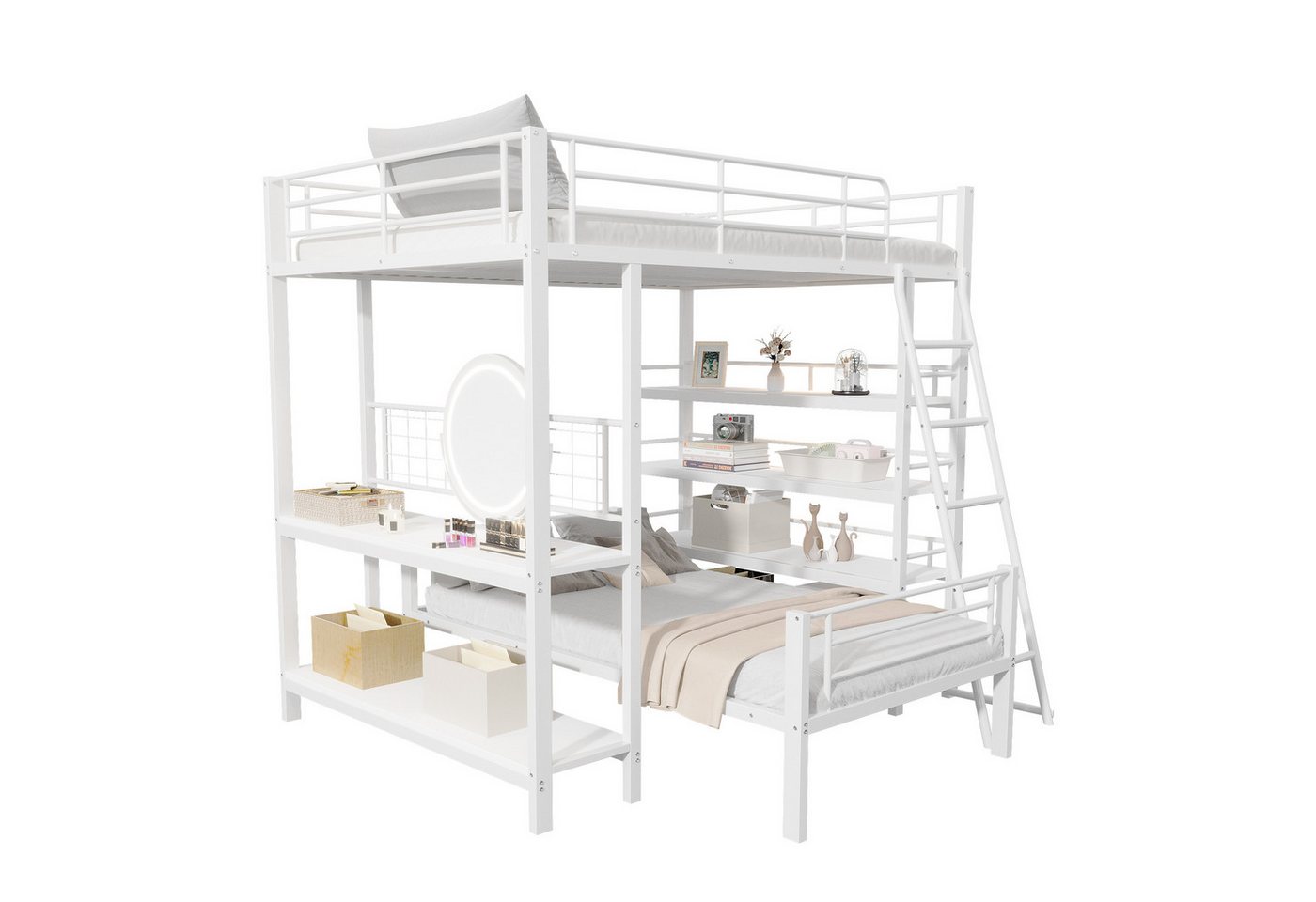 BlingBin Etagenbett Metallrahmen Hochbett Jugendbett Eisenbett (1er Set, 1-St., 140x200 cm), Multifunktionsbett mit Mehreren Ablagefächern, Weiß von BlingBin