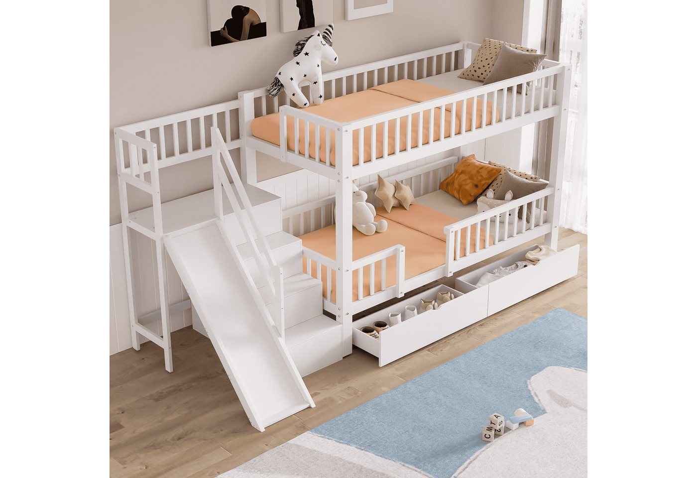 BlingBin Etagenbett Multifunktionales Kinderbett, Jugendbett mit Rutsche und Treppen (Bettgestell mit 2 Schubladen, mit Magnetischer Tür, 1-St., 90*200 cm, Ohne Matratze, Belastbarkeit maximal: 135KG), Platzsparend, Hergestellt aus Massivholz, Weiß BlingBin Etagenbett Multifunktionales Kinderbett, Jugendbett mit Rutsche und Treppen (Bettgestell mit 2 Schubladen, mit Magnetischer Tür, 1-St., 90*200 cm, Ohne Matratze, Belastbarkeit maximal: 135KG), Platzsparend, Hergestellt aus Massivholz, Weiß von BlingBin