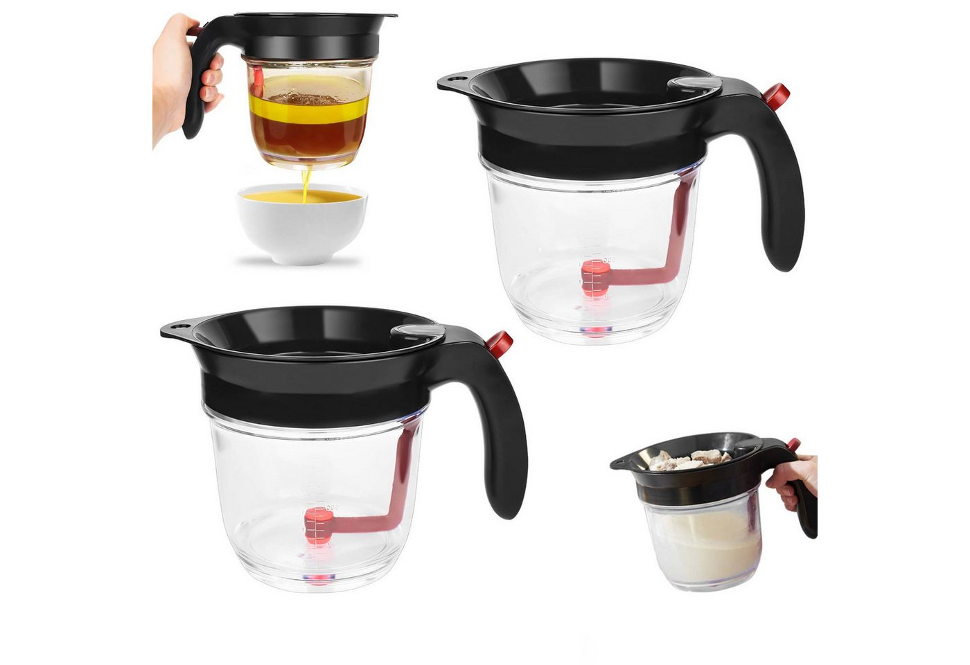 BlingBin Fetttrennkanne Doppelfiltrations Fetttrenner, 1000ml Fettabscheider mit Bodenfreigabe, PP + ABS, (2er Set, 2-St., 22*14,5cm), Öl Fett Trennkanne, Leicht zu Reinigender Soßenfettabscheider von BlingBin