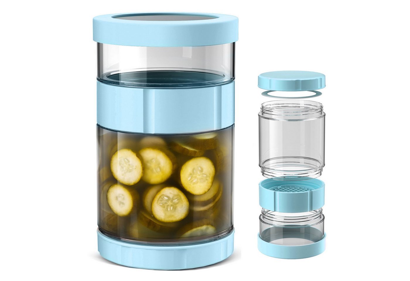 BlingBin Frischhaltedose Einmachglas mit Sieb und Deckel 1000ml + 500ml Olive Sanduhr Container, Glas, (1er Set, 1-tlg., Glas Einlegeglas 1500ml (obere Flasche: 1000ml, untere Flasche: 500ml), Umgekehrt Gestellter Pickle Kimchi Auslaufsichere Luftdichte Deckel von BlingBin