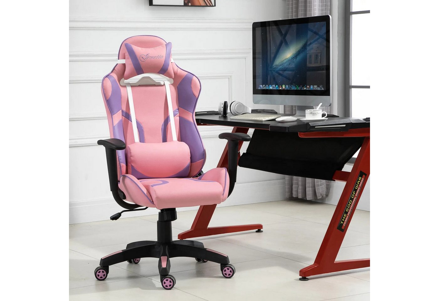 BlingBin Gaming-Stuhl Ergonomischer Gaming Stuhl Bürostuhl, Drehstuhl (Gesamtmaße: 69B x 56T x 116-125,5H cm, Maximale Belastbarkeit: 125 kg, 1 St), Verstellbares Massage Lendenkissen, Höhenverstellbar Rosa & Violett von BlingBin