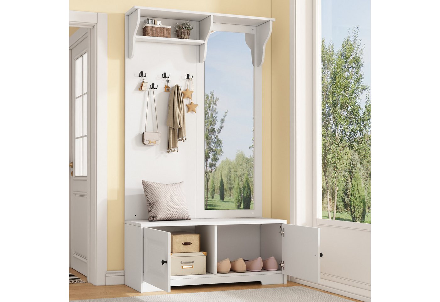 BlingBin Garderobe Garderobenschrank Garderobenständer Flurgarderoben (1 St., mit Spiegel,Schuhschrank,5 Kleiderhaken,2 Schränken,Regal), Weiß,100×40×180cm von BlingBin