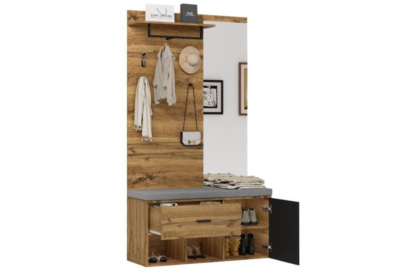 BlingBin Garderoben-Set 190cm Hohes Garderobenset in Holzoptik mit Spiegel, Schuhschrank, (1er Set, 1-St., Schuhbank (104 x 39 cm) mit Polster), Schublade,Regal,Kleiderhaken–Praktisches Design für Eingangsbereich von BlingBin