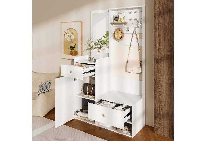 BlingBin Garderoben-Set Garderobenkombination, (1-St., Eingangsregal mit Spiegel, 2 Schubladen Holzoptik, 105×38×180 cm), Perforationsbrett mit abnehmbaren Haken und Schuhablage von BlingBin