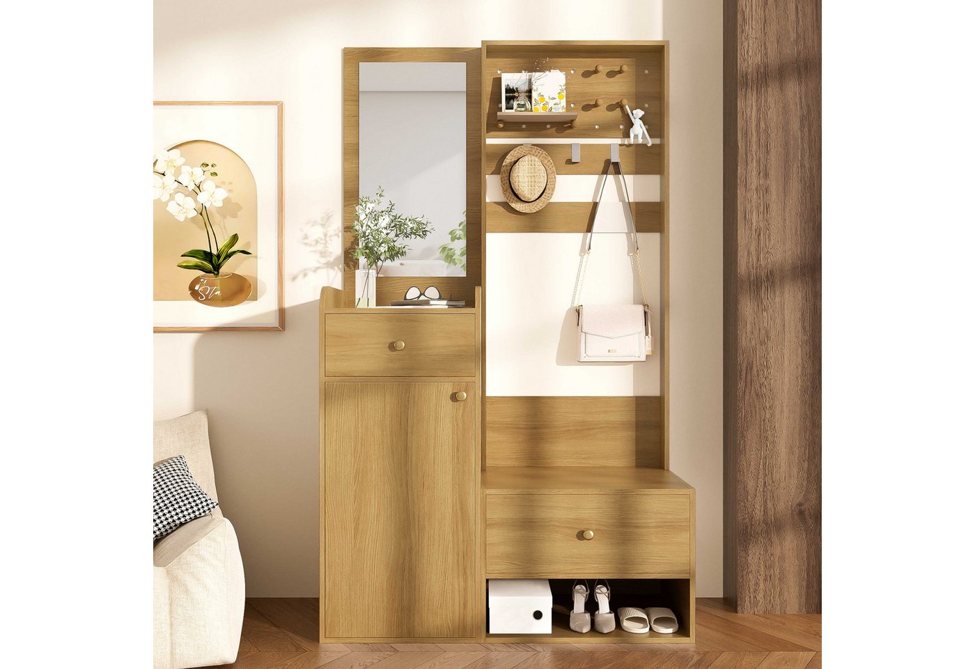 BlingBin Garderoben-Set Garderobenkombination, (1-St., Eingangsregal mit Spiegel, 2 Schubladen Holzoptik, 105×38×180 cm), Perforationsbrett mit abnehmbaren Haken und Schuhablage von BlingBin