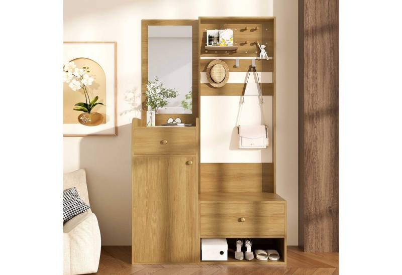 BlingBin Garderoben-Set Garderobenkombination, (1-St., Eingangsregal mit Spiegel, 2 Schubladen Holzoptik, 105×38×180 cm), Perforationsbrett mit abnehmbaren Haken und Schuhablage von BlingBin
