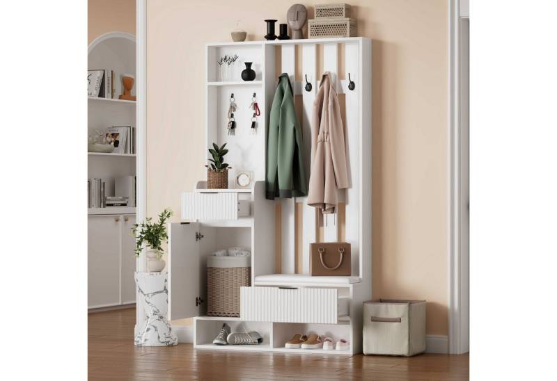 BlingBin Garderoben-Set Garderobenständer Flurgarderobe Kompaktgarderobe, (1-St., mit 8 Haken, Schuhbank,Ablagen, Schubladen und Schränken), 6-in-1, 100×30×180cm,Weiß,Kippschutz von BlingBin