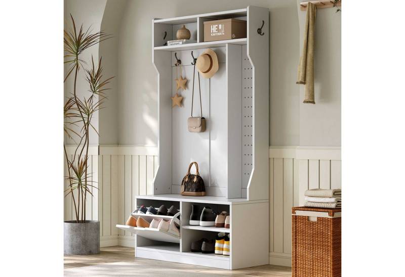 BlingBin Garderoben-Set Garderobenständer Garderobe, (1-St., Flurschrank mit Sitzbank, 6 schwarzen Haken, Flip-Top-Schuhschrank), Stecktafel für Accessoires, Schubladen und Kippsicherung von BlingBin