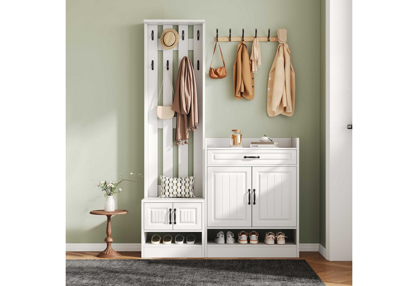 BlingBin Garderoben-Set Schuhbank, Schuhschrank,Flurmöbel Schuhschrank, (Multifunktionaler Flurschrank aus Spanplatte, Weiß, 2-St., Multifunktionaler Flurschrank aus Spanplatte, Weiß), Kippsicherung, 125 cm breit, moderne Optik von BlingBin