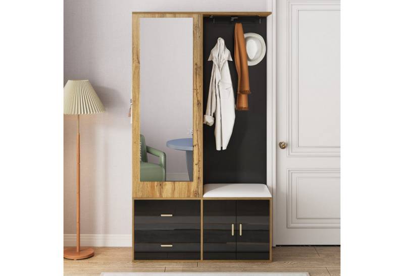 BlingBin Garderoben-Set Schuhschrank Kleiderschrank-Set mit Spiegel, (1-St., Sideboard-Buffet, Wohnzimmermöbel, Mehrzweckschrank), mit Haken und ausziehbaren Kleiderbügeln, 2 Schubladen, 2 Türen von BlingBin