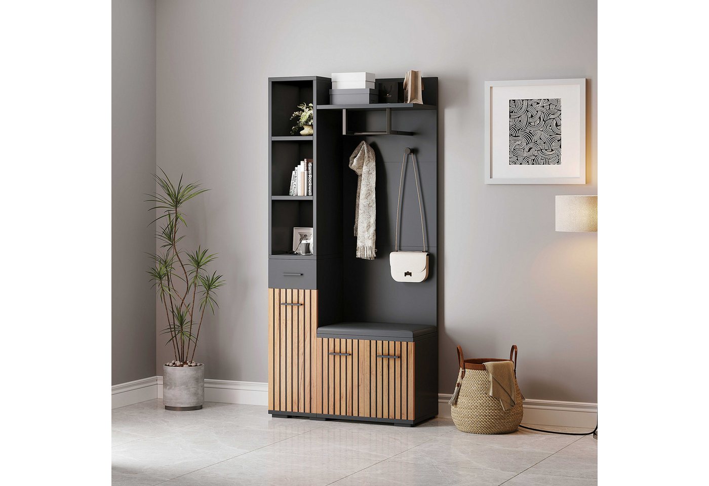 BlingBin Garderobenschrank Garderoben-Set Kleiderschrank Flurschrank (1-St., Mit 2 Schränken,2 Kleiderhaken,mit Schuhbank,Polster) 80×35×175cm,Schwarz + Holzfarbe von BlingBin