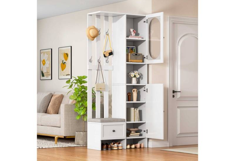 BlingBin Garderobenschrank Garderoben-Set Kleiderschrank Flurschrank (1-St., Mit 2 Schränken,Schuhbank und Polster) 85×33.5×200cm,Aufbewahrungsschrank aus gehärtetem Glas von BlingBin