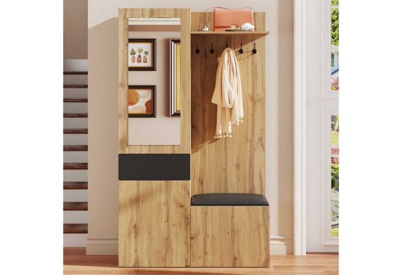 BlingBin Garderobenschrank Garderoben-Set Kleiderschrank Flurschrank (1-St., mit 5 Garderobenhaken,Spiegel,Schuhschrank,oberen Regalen,Schublade) oberen Ablagefächern,Flurgarderobenbank,Viel Stauraum,98,5 ×38×191cm von BlingBin