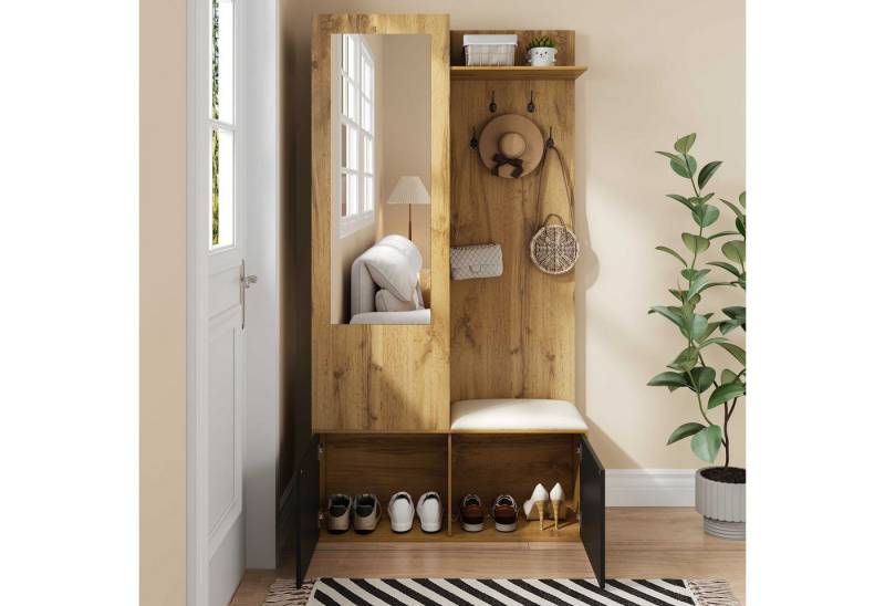 BlingBin Garderobenschrank Garderoben-Set Kleiderschrank Flurschrank (1-St., mit 5 Kleiderhaken,Spiegel,Schuhschrank,100×38×191cm) verborgenem Bereich zum Aufhängen und Garderobenbank von BlingBin