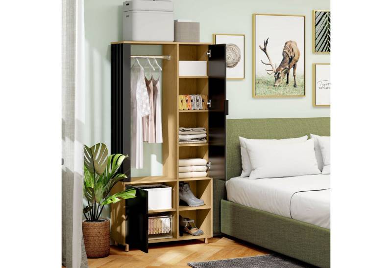 BlingBin Garderobenschrank Kleiderschrank garderobenschränk Flurgarderobe (mit Spiegel,Hängestange,Aufbewahrungsfächer,offene Ablageflächen) 80cmx30cmx175cm,Naturholz,Schwarz+Natur von BlingBin