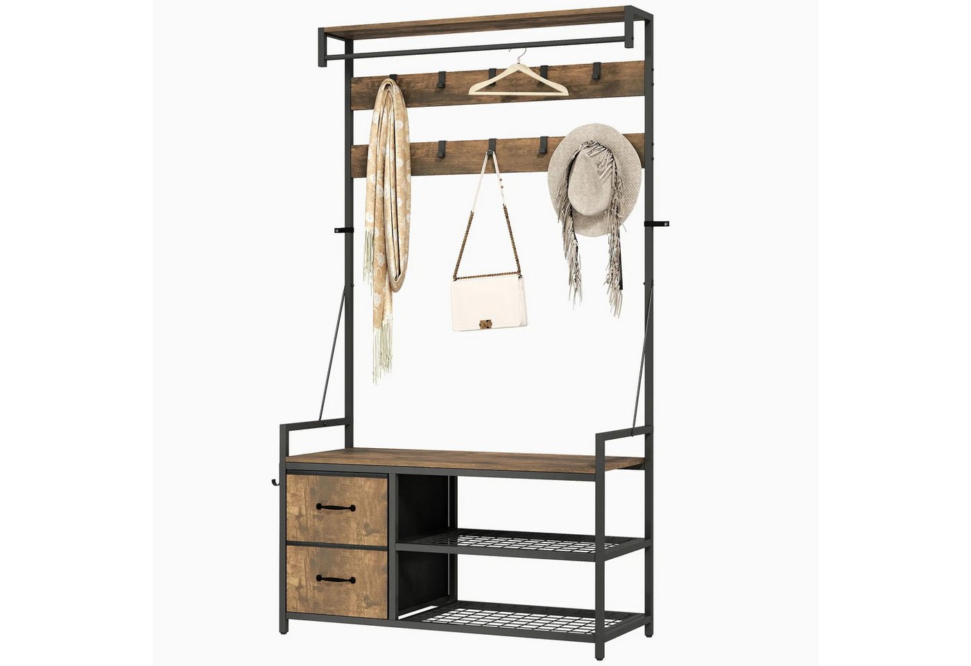 BlingBin Garderobenständer Industrie-Design Kleiderständer mit Sitzbank, Schuhregal, Schublade, (1er Set, 1 St., 100cm x 40cm x 180cm), mit 10 verstellbaren Haken für Flur, Wohnzimmer, Schlafzimmer von BlingBin
