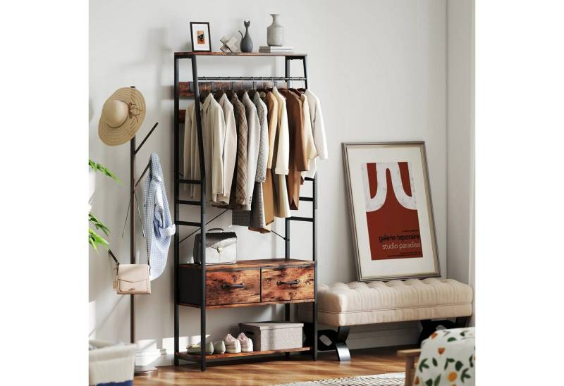 BlingBin Garderobenständer Kleiderständer mit 10 verstellbaren Haken, Schuhregal, Stoff-Schublade, (1er Set, 1 St., 80cm x 30cm x 180cm), Kleiderstange Industrie-Design für Flur, Schlafzimmer von BlingBin