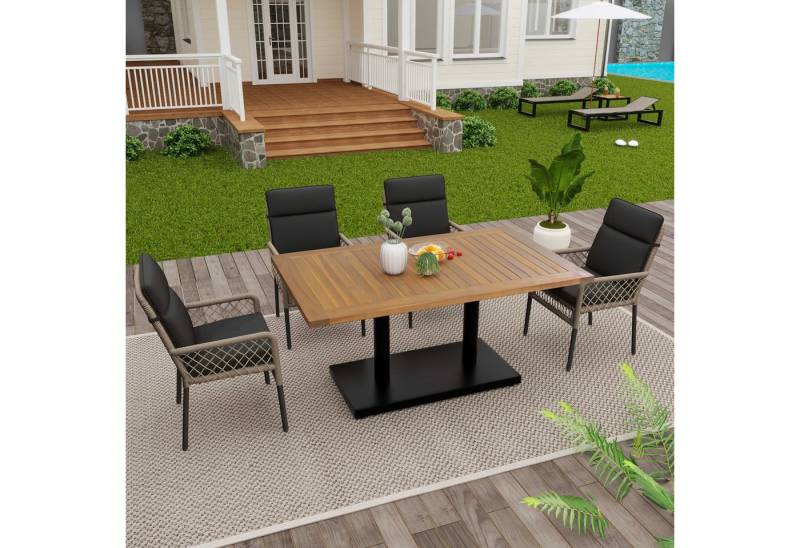 BlingBin Gartenlounge-Set Balkonset Garten-Essgruppe, Gartenmöbel-Set, (5-tlg., Esstisch- und Stuhlset für den Außenbereich für 4 Personen), Tischplatte aus massivem Akazienholz, Stühle mit PE-Rattanumwicklung von BlingBin