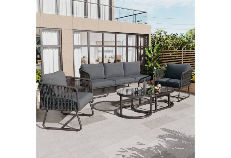 BlingBin Gartenlounge-Set Garten-Lounge-Set, Gartenmöbel-Set aus Seil, Terrassenmöbel Set, (Rahmen aus Verzinktem Eisen, Graues Seil, Verstellbare Füße, Tischplatte aus Glattem Glas, 5-tlg., 1 x 3-Sitzer-Sofa, 2 x Einzelsitzsofa, 1 x Runder Tisch, 1 x Großer), Inklusive Aller Sitz- und Rückenkissen, für Terrasse Garten, Grau von BlingBin
