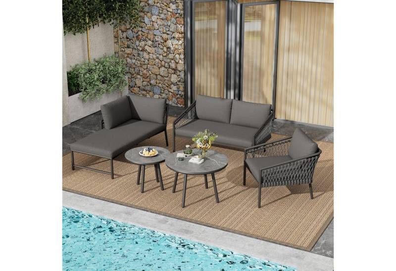 BlingBin Gartenlounge-Set Garten Lounge Set, Seil Gartenmöbel Set, Terrassenmöbel Set, (2 Doppelsofas, 1 Einzelsofa, 2 Tische, Handgewebtes Seil, Inklusive Aller Sitz- Und Rückenkissen, 5-tlg., Tragendes Gewicht: 150kg/Einzelplatz, 60kg/Tisch, für 5 Personen), Modernes Outdoor Sofa Set, Balkonset, Garten Und Terrasse, Grau von BlingBin