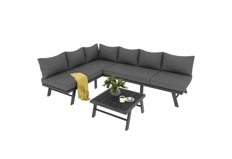 BlingBin Gartenlounge-Set Gartenmöbel-Set, Terrassenmöbel, Loungesessel-Set für 5-6 Personen, (2 3-Sitzer-Sofas, 1 Tisch, Inklusive 7 Grauen Kissen, 3-tlg., Tragendes Gewicht: 150kg/Einzelplatz, 60kg/Tisch), Verzinktes Eisengestell mit Schutzfüßen für Terrasse, Dunkelgrau von BlingBin