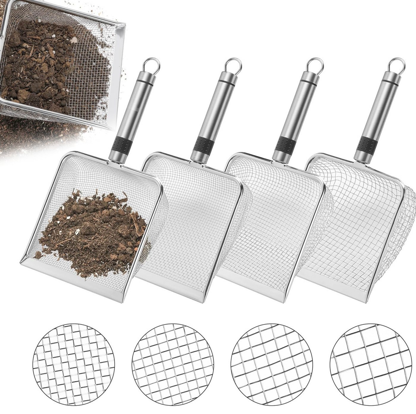 BlingBin Gartensieb 4 Stück Gartensieb aus Edelstahl Erde Kompostsieb mit Griff Gartensieb, Edelstahl, (1 Set, 4-St., 2,0/2,8/3,8/5,0 mm), für Gartenarbeit Sand Saatgut 2/2.8/3.8/5mm von BlingBin