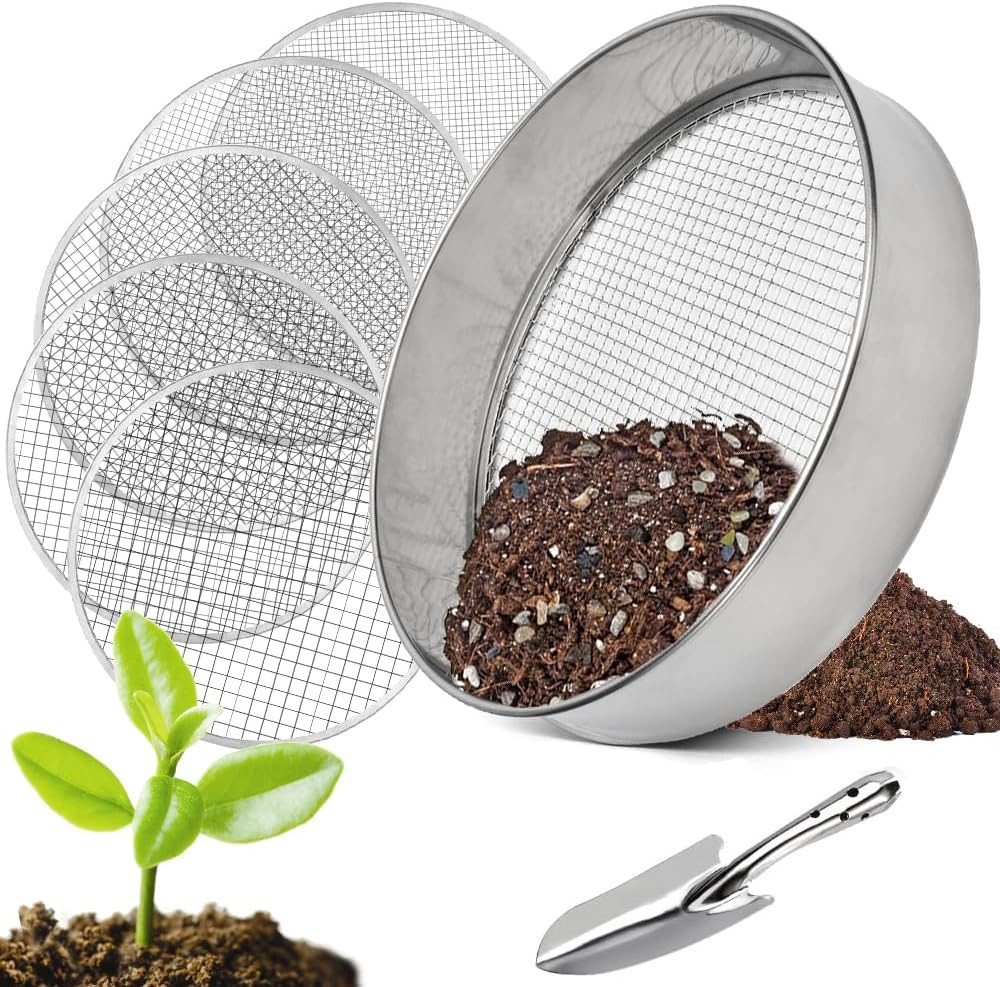 BlingBin Gartensieb 5 in1 Gartensieb Rund 30 cm,mit 5 Austauschbare Siebeinsätze, Edelstahl, (1er Set, 7-St., mit Siebrahmen und Handspaten), mit Handspaten für Erde Steine Kompost Sand von BlingBin