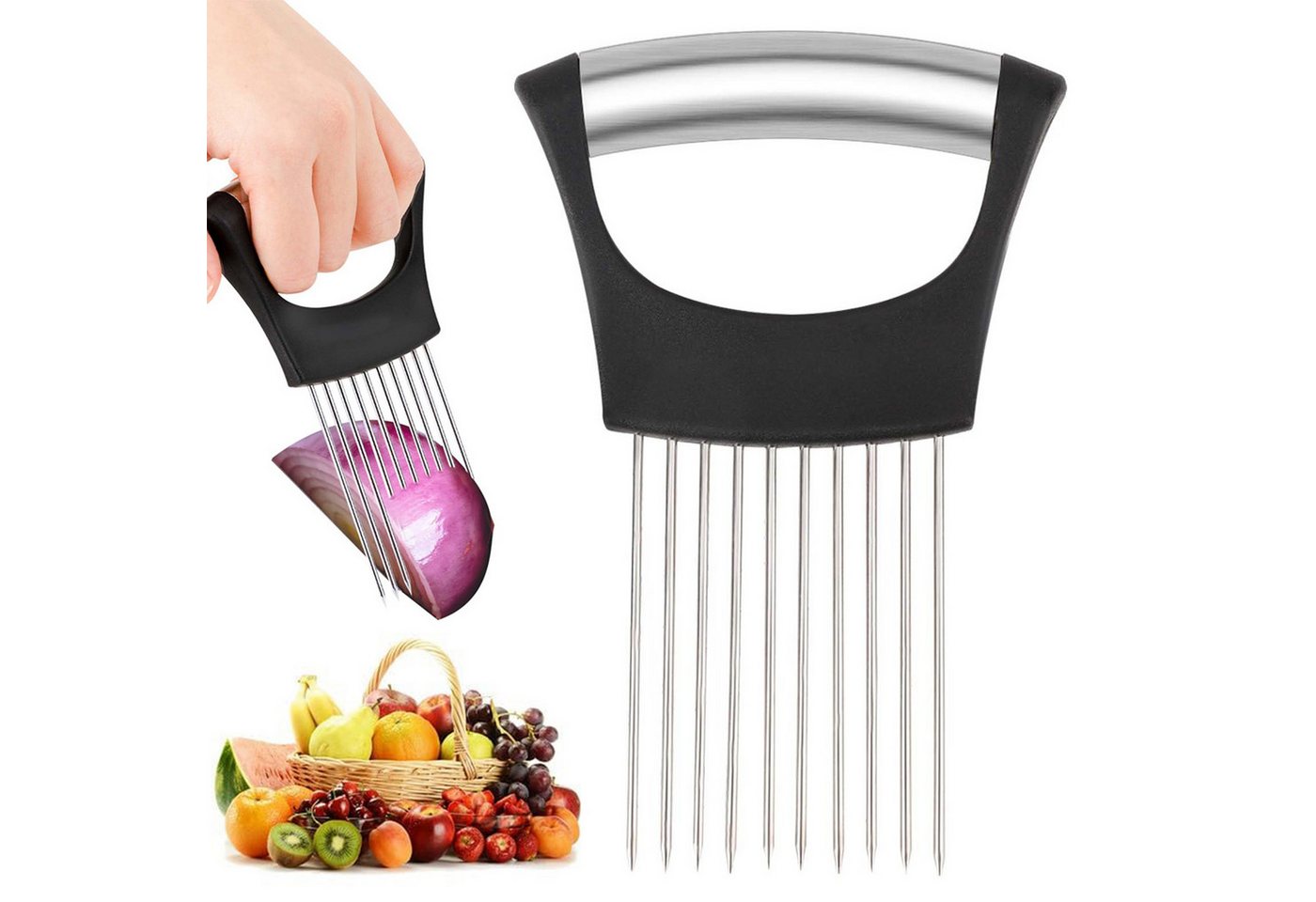 BlingBin Gemüsehobel Zwiebelschneider Halter-Food Slice Assistant, Gemüseschneider, Edelstahl, (1er Set, 1-St., 14,3 × 9,5 cm), Schneider Hilfswerkzeug für Kartoffeln, Küchengeräte für zuHause von BlingBin