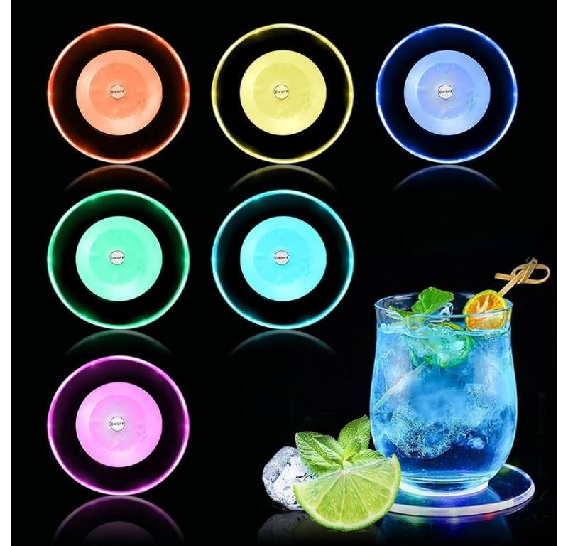 BlingBin Glasuntersetzer Bunt LED Untersetzer Acryl Rund wasserdichte Leuchtende Untersetzer, Zubehör für Bier, Tee, Orangensaft, Fruchtsaft, Cola, 6 pcs, 6-tlg., 6 Stück Getränke Untersetzer für Partys Hochzeiten Bar von BlingBin