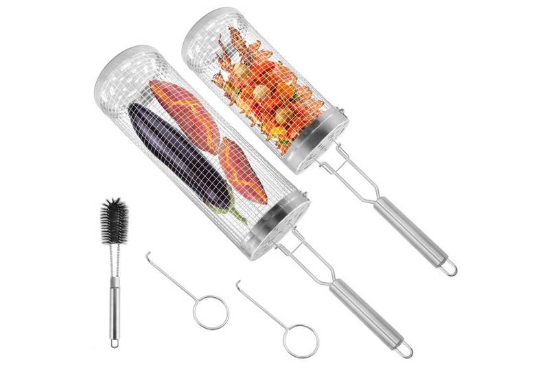 BlingBin Grillguthalter Rollendes Grillkorb Edelstahl Gitter Grillkäfig mit Abnehmbarem Griff, Edelstahl, (1er Set, 2-St., 2 Stück), Grill Zubehör GrillgemüSe Grillkorb Zylindrisch Terrassengrills Freien von BlingBin