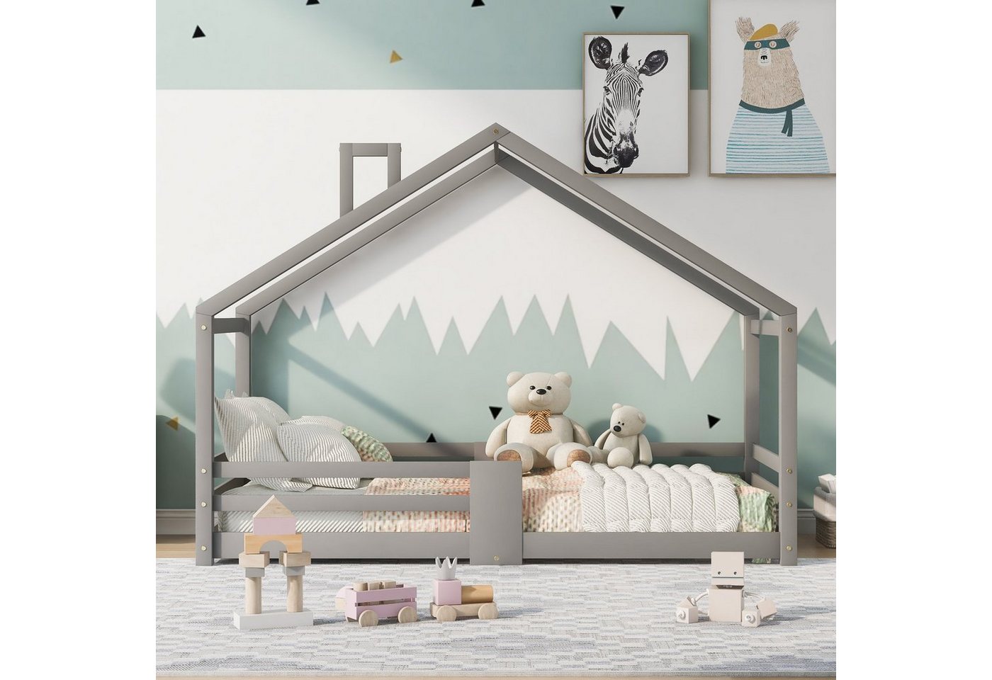 BlingBin Hausbett Kinderbett (1-tlg., mit Reißbrett, Rausfallschutz, 90 x 200 cm), Kiefernholz, Grau, (ohne Matratze) von BlingBin