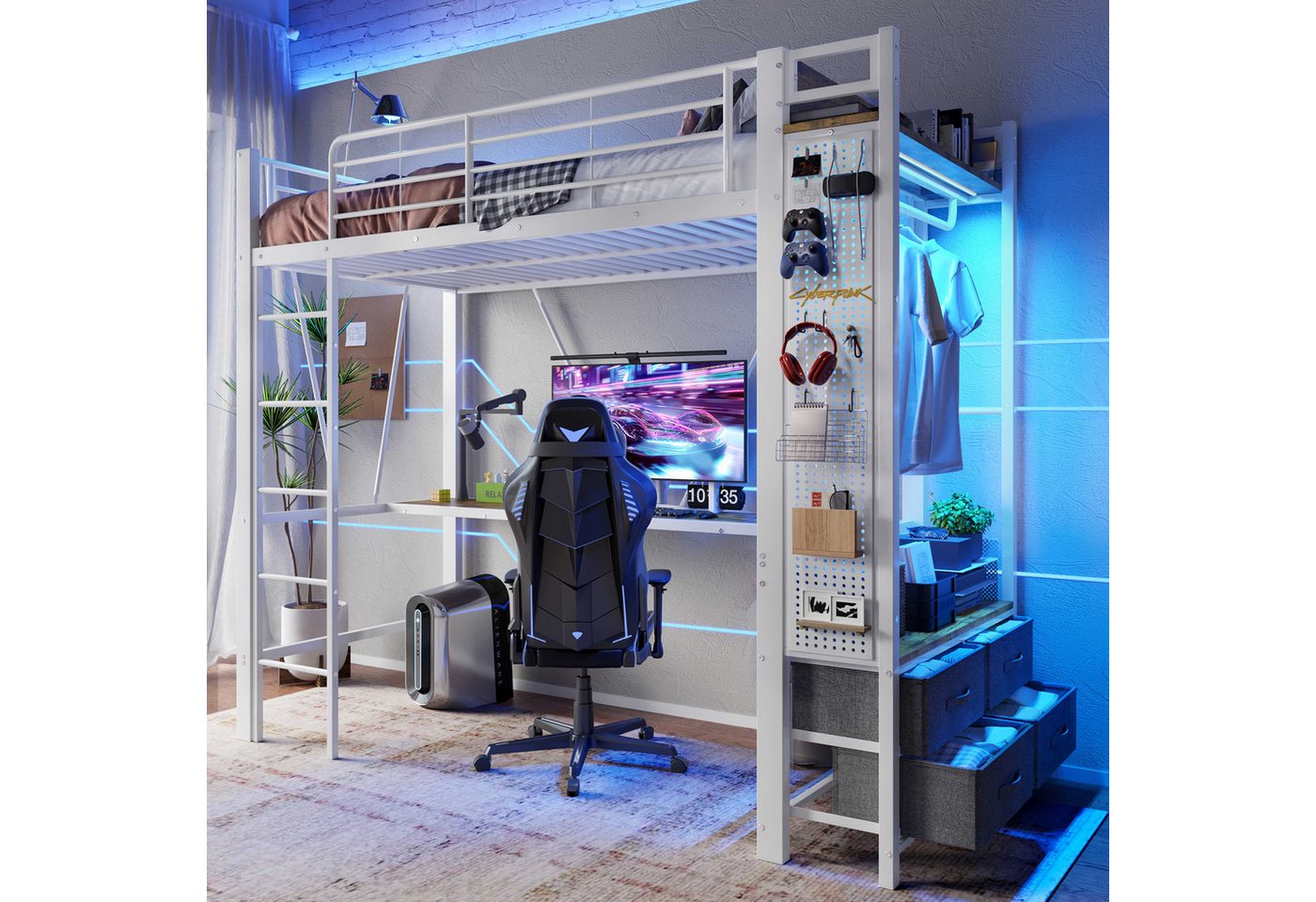 BlingBin Hochbett (1-St., Metallbett mit Schreibtisch, 4 Schubladen, Regalen, Hängestange) LED-Beleuchtung, Steckdose und USB-C, 90×200CM für das Schlafzimmer von BlingBin