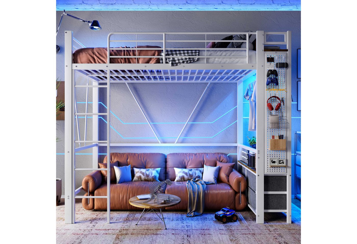 BlingBin Hochbett (1-St., Multifunktionales Metallbett mit 4 Schubladen, Regalen, Hängestange) LED-Beleuchtung, Steckdose und USB-C, 90×200CM für das Schlafzimmer von BlingBin