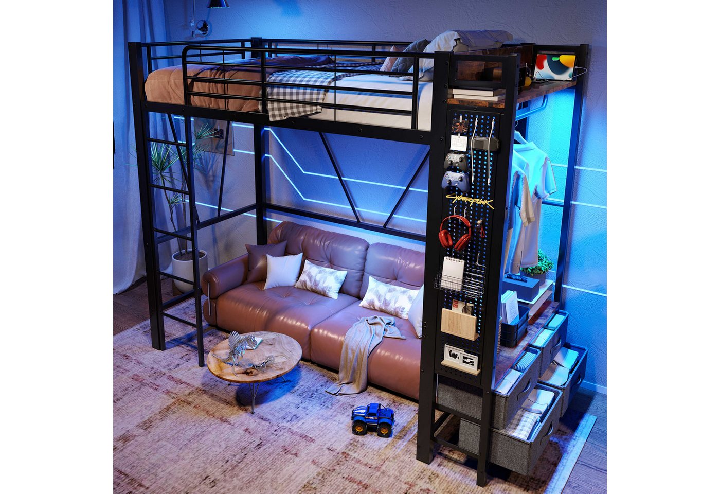 BlingBin Hochbett (1-St., Multifunktionales Metallbett mit 4 Schubladen, Regalen, Hängestange) LED-Beleuchtung, Steckdose und USB-C, 90×200CM für das Schlafzimmer von BlingBin