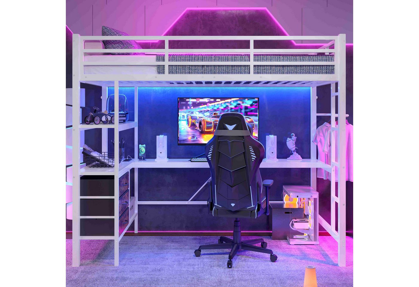 BlingBin Hochbett (1-St., mit LED-Licht, USB, Schreibtisch & Stauraum) 90x200 cm, Schwarz/Weiß, MDF + Metall, Wäscheständer von BlingBin