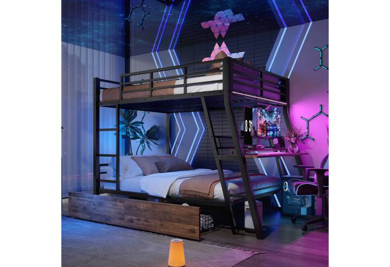 BlingBin Hochbett (1-St., mit Schreibtisch, LED-Beleuchtung, 2 Schubladen und Leiter) 140x200 cm, für Arbeitszimmer, Kinder- und Jugendzimmer, schwarz von BlingBin