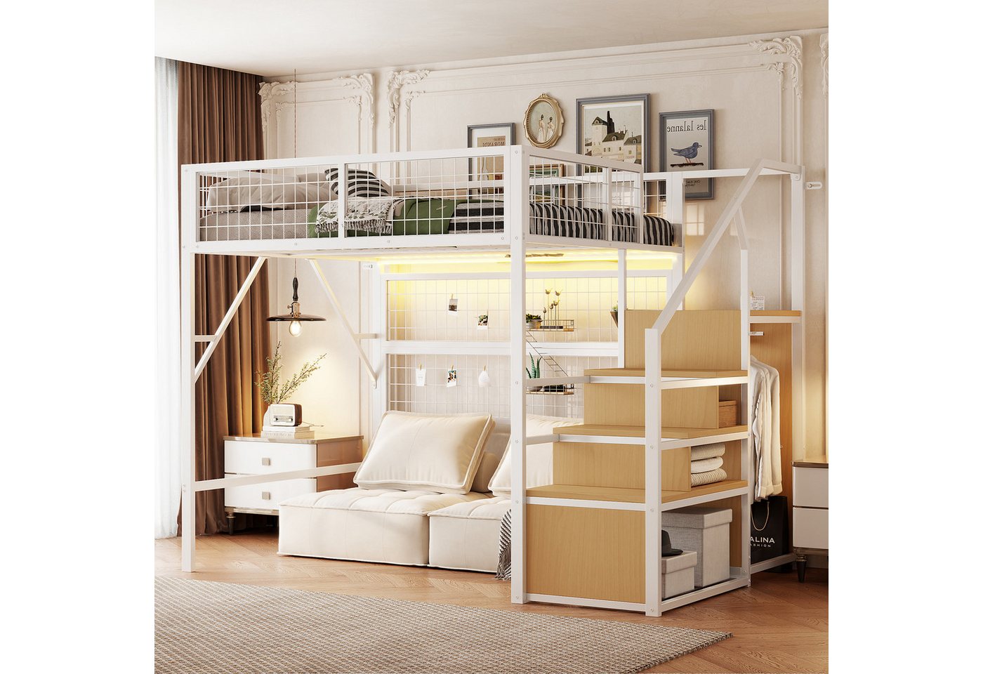 BlingBin Hochbett Eisenbett, Etagenbett für Kinder und Jugendliche (1er Set, 1-St., 140x200 cm Metall-Hochbett) mit APP-gesteuerten LED-Lichtleisten Treppe mit Stauraum von BlingBin