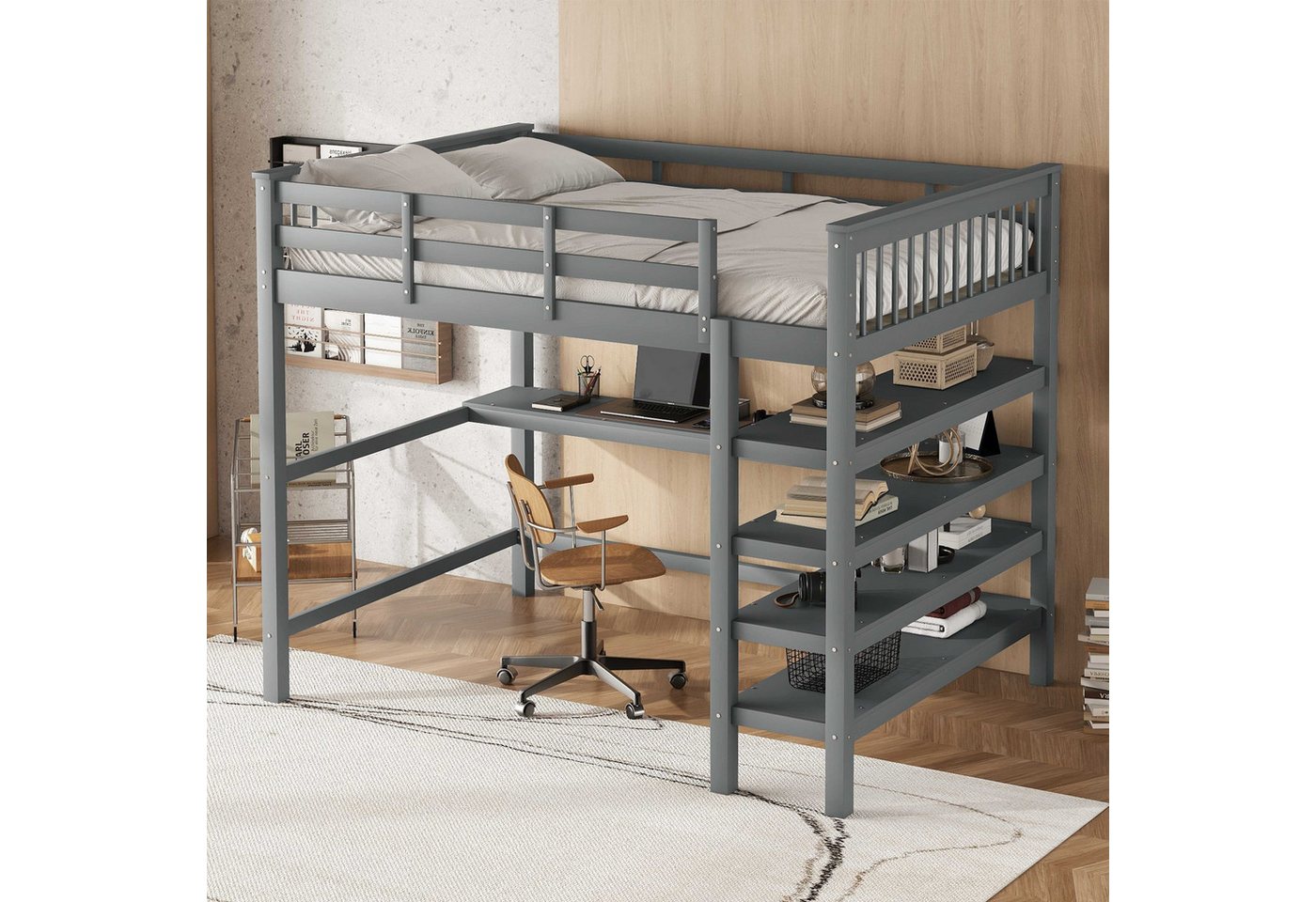 BlingBin Hochbett Funktionsbett Einzelbett Jugendbett (1-St., mit Ablagefächern und Unterbettschreibtisch) Minimalistischen,140x200cm,Ohne Matratze von BlingBin