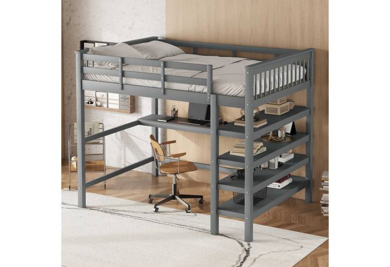 BlingBin Hochbett Funktionsbett Einzelbett Jugendbett (1-St., mit Ablagefächern und Unterbettschreibtisch) Minimalistischen,140x200cm,Ohne Matratze von BlingBin