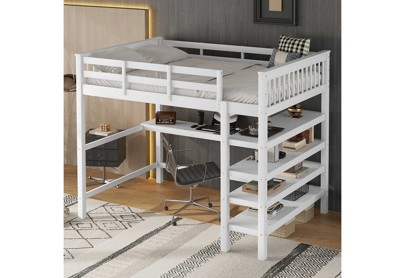 BlingBin Hochbett Funktionsbett Einzelbett Jugendbett (1-St., mit Ablagefächern und Unterbettschreibtisch) Minimalistischen,140x200cm,Ohne Matratze von BlingBin