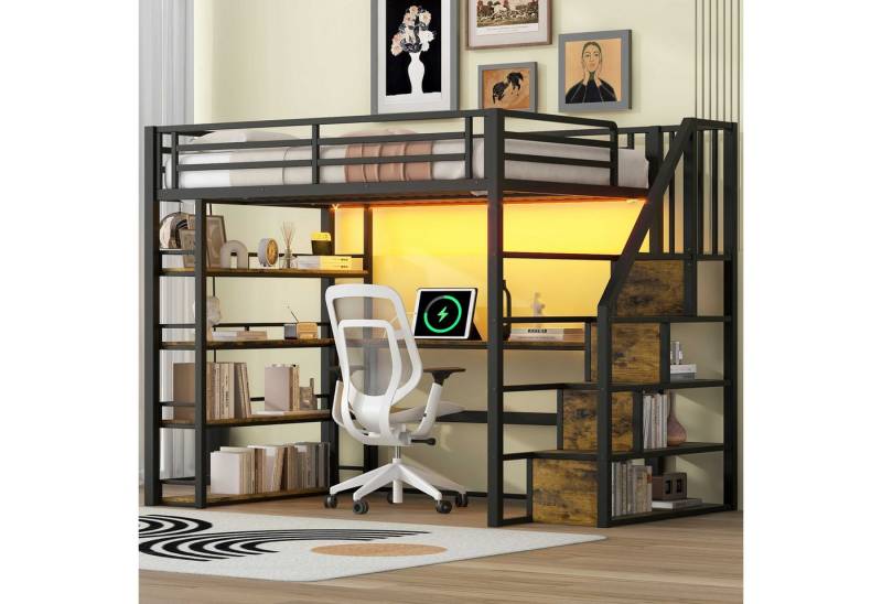 BlingBin Hochbett Funktionsbett Einzelbett Jugendbett (1-St., mit Treppe, Staufächern,USB-Ladestation und LED-Licht) 140x200,integriertem Schreibtisch,Schwarz von BlingBin