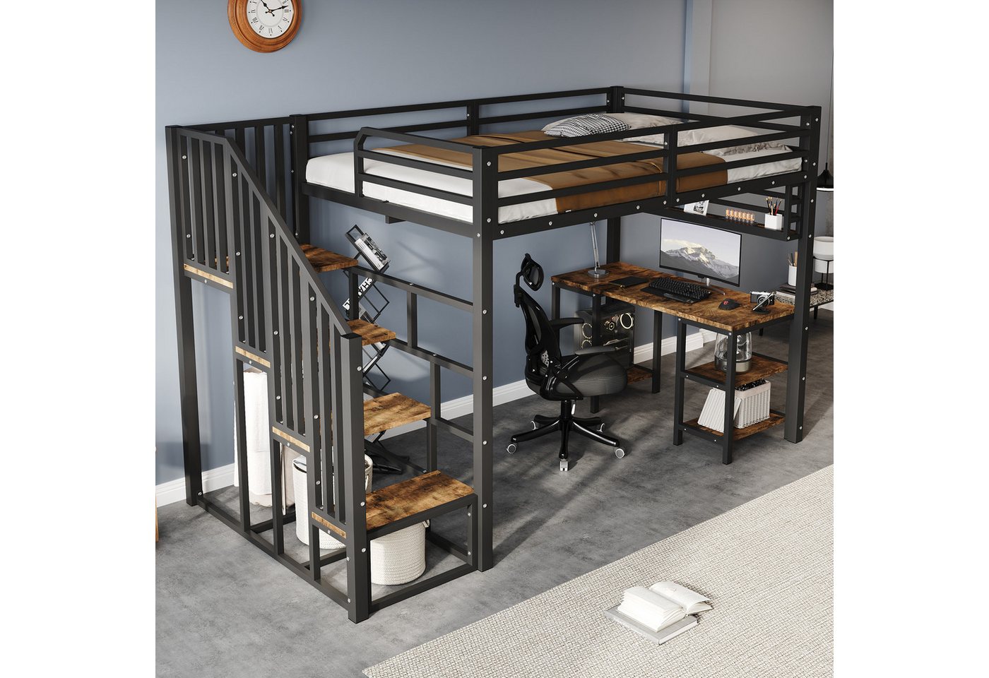 BlingBin Hochbett Funktionsbett Einzelbett Jugendbett Kinderbett (1-St., Mit Schreibtisch,Ablagefläche,Lattenroste,Treppen mit Handläufen) 120x200cm,Schwarz+dunkle,Eisen+Spanplatte von BlingBin