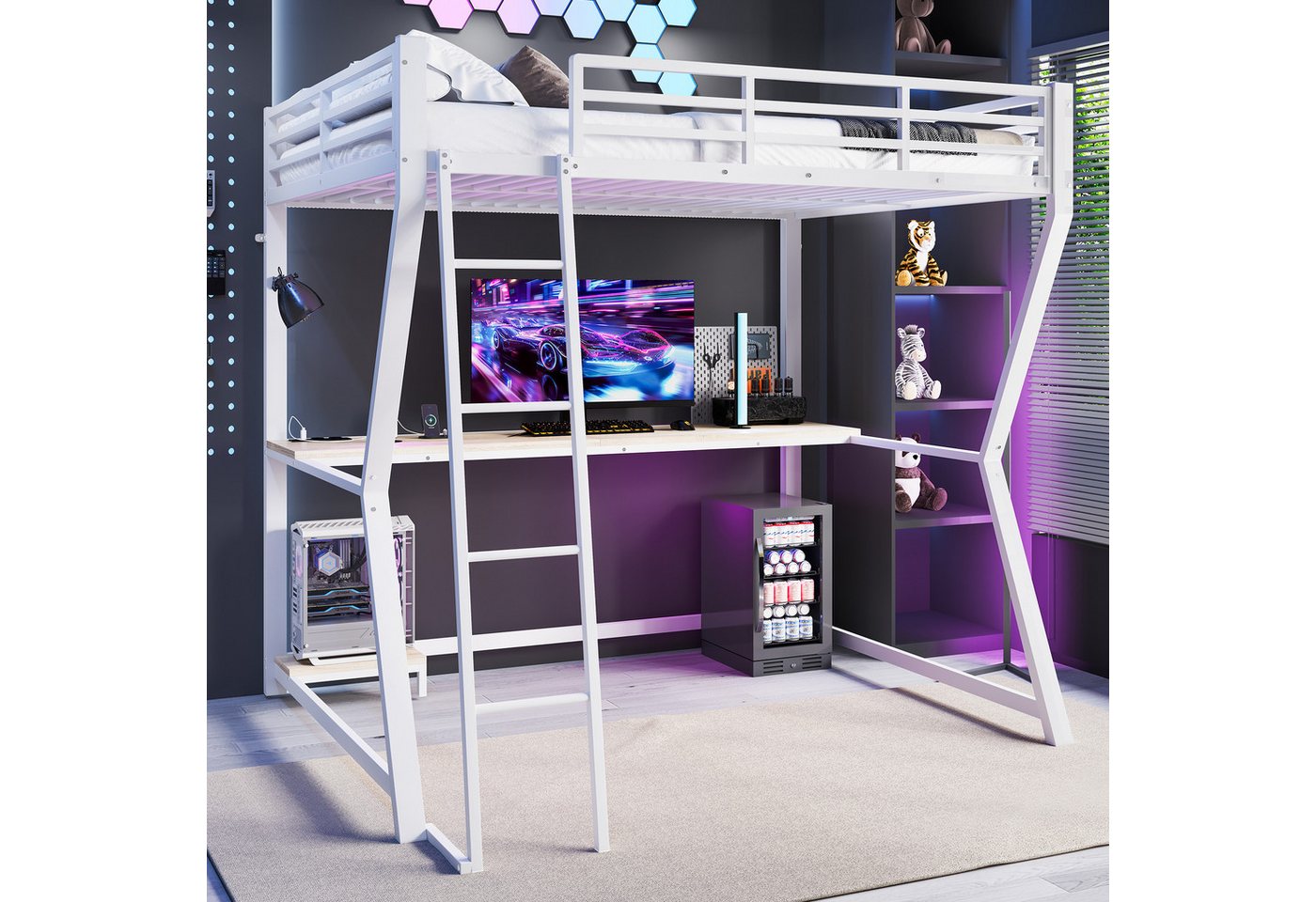 BlingBin Hochbett Funktionsbett Jugendbett (1-St., Mit LED-Leuchten,Computerkonsolenablage,Schreibtisch,Steckdose+USB) 140×200cm,mit Geländer, Treppe,ohne Matratze von BlingBin