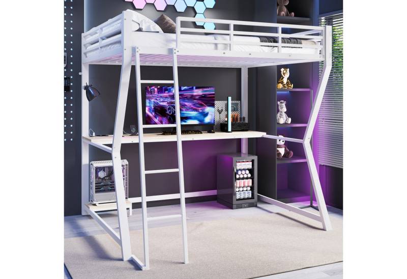 BlingBin Hochbett Funktionsbett Jugendbett (1-St., Mit LED-Leuchten,Computerkonsolenablage,Schreibtisch,Steckdose+USB) 140×200cm,mit Geländer, Treppe,ohne Matratze von BlingBin
