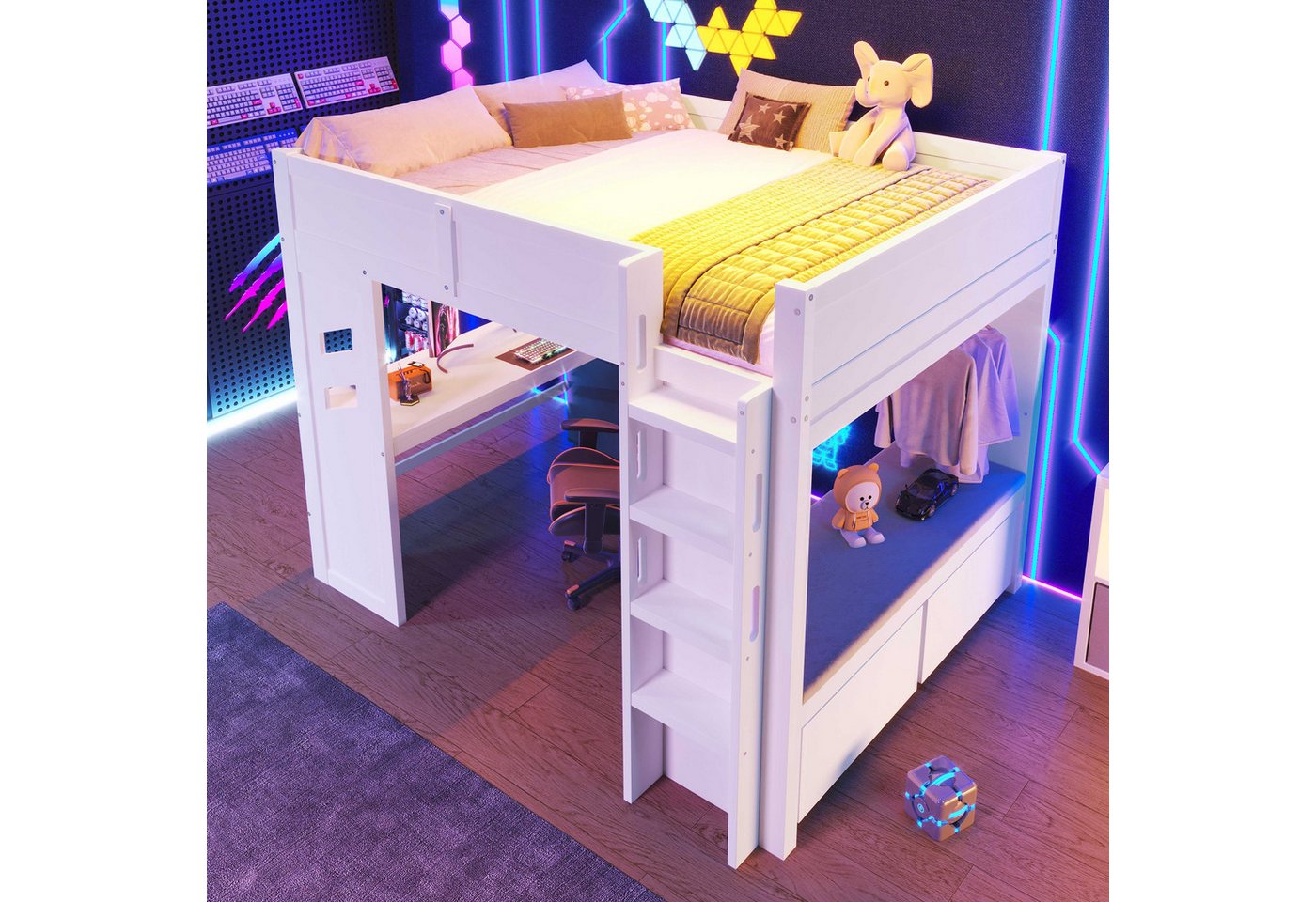 BlingBin Hochbett Funktionsbett Jugendbett (mit Schreibtisch, Schublade,Wäscheständer, 1-St., LED-Leuchten,1 USB-Anschlüssen,1 Typ-C ausgestattet,Leiter) 140x200cm,ohne Matratze, Weiß von BlingBin