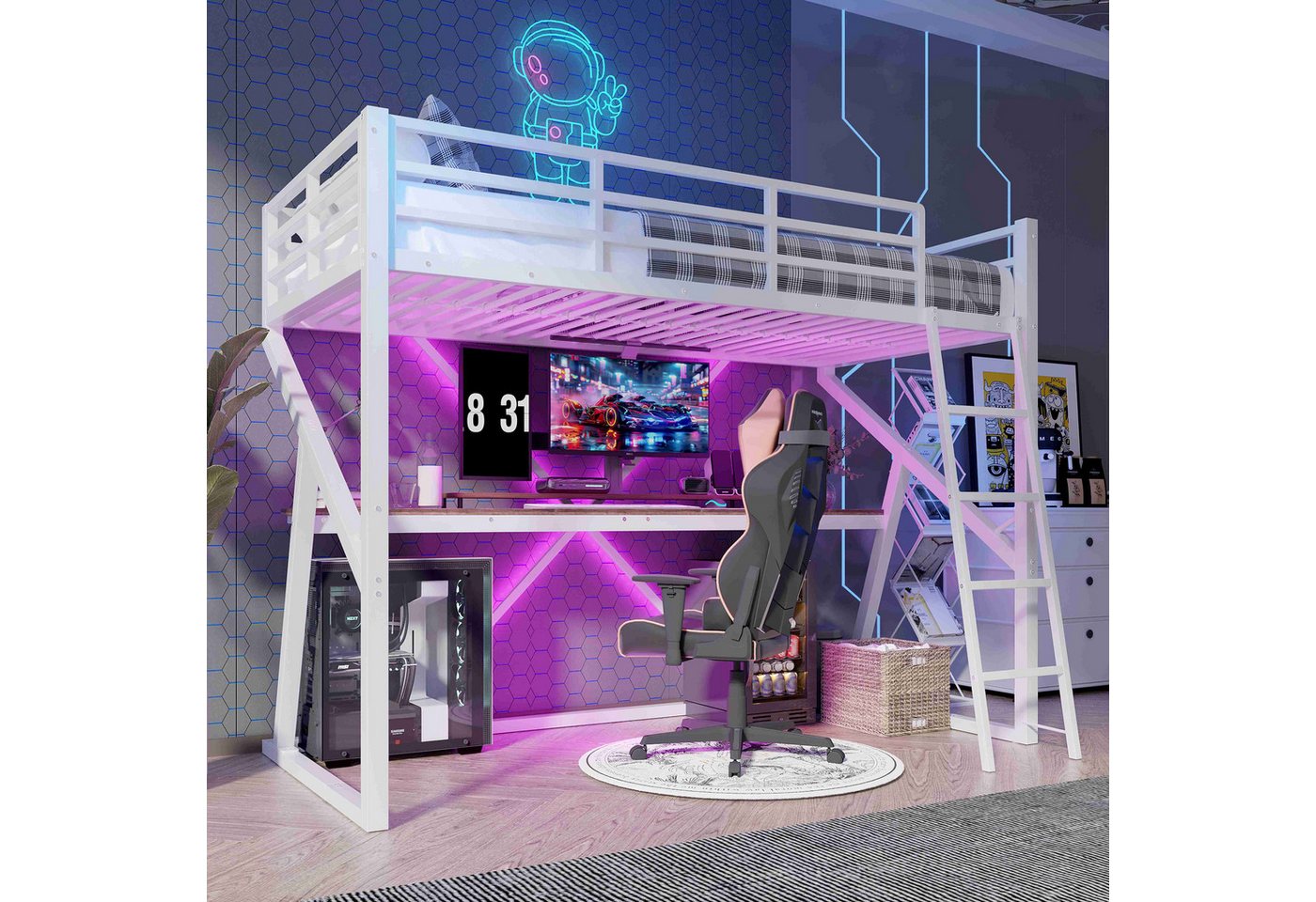 BlingBin Hochbett Hochbett 90x200 für Kinder (1-St., mit LED-Lichtband, Schreibtisch und sicherer Leiter) Metall+MDF, 90x200 cm, Weiß und Schwarz von BlingBin