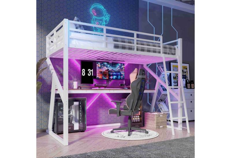 BlingBin Hochbett Hochbett 90x200 für Kinder (1-St., mit LED-Lichtband, Schreibtisch und sicherer Leiter) Metall+MDF, 90x200 cm, Weiß und Schwarz von BlingBin