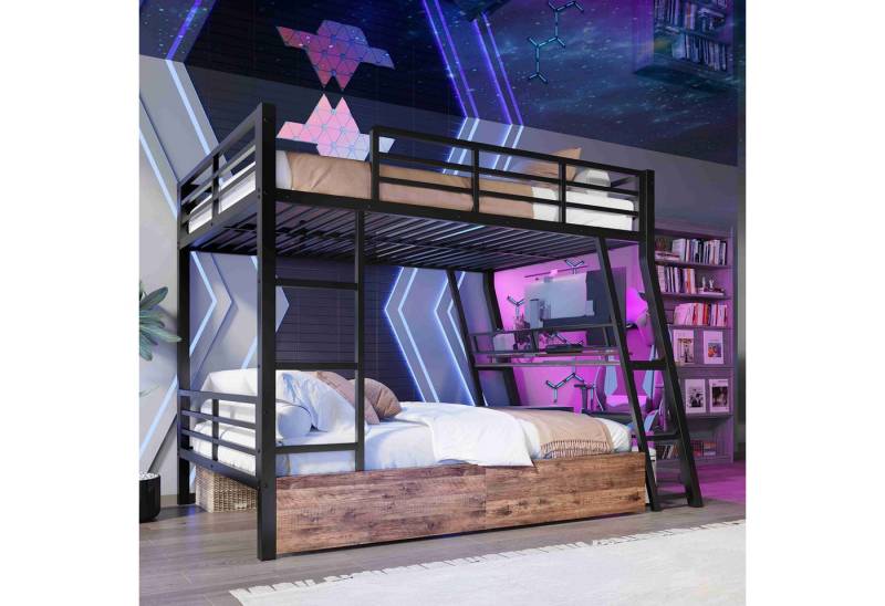 BlingBin Hochbett Jugendbett Für Büro, Studium & mehr (1-St., mit Schreibtisch und Fernbedienung-LED) Eisenrahmen, Vielseitig & platzoptimiert, ohne Matratze von BlingBin